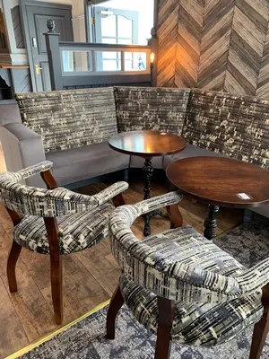 Pub seating reupholstered in modern fabrics