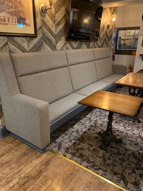 Pub seating with arms reupholstered