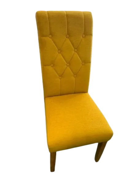 High-back dining chair with diamond-pattern buttoning, gold