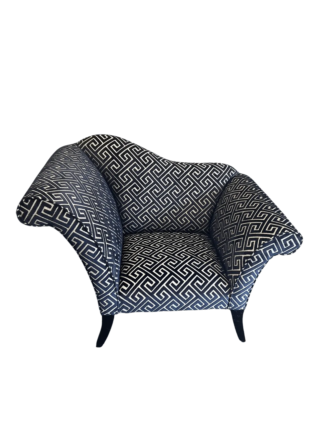 Bucket chair reupholstered in Cristina Marrone Extravaganza fabric