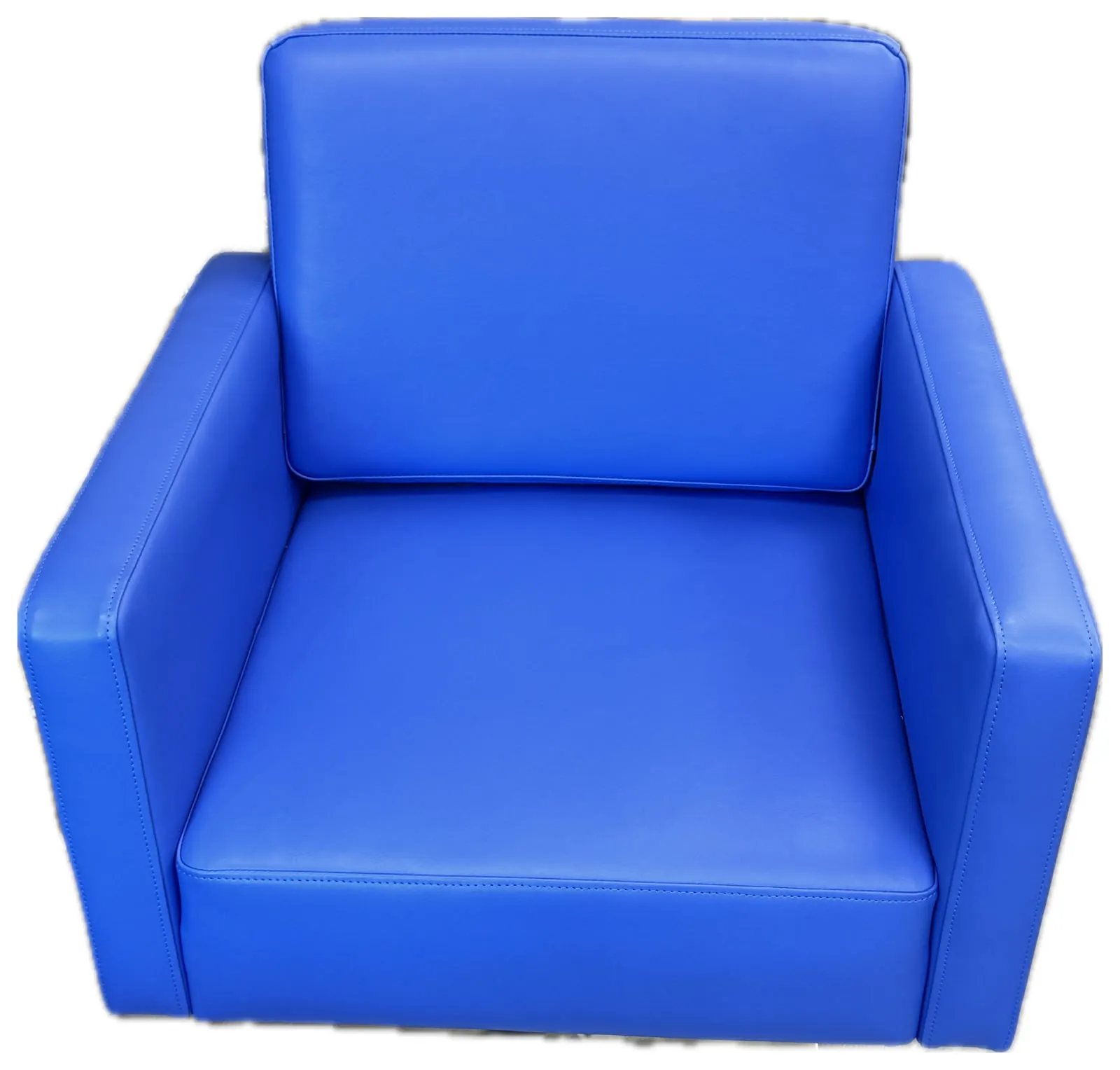 Boxy commercial armchair recovered in bright blue wipe-clean vinyl