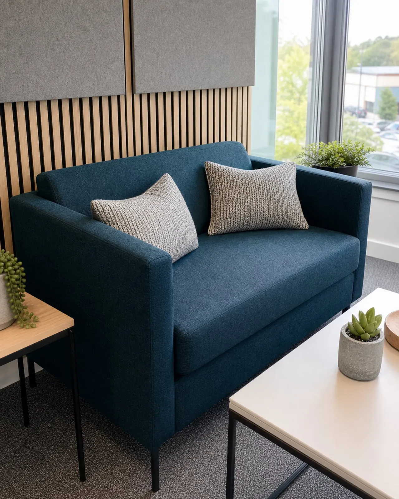 Office breakout sofa reupholstered in blue-green contract fabric
