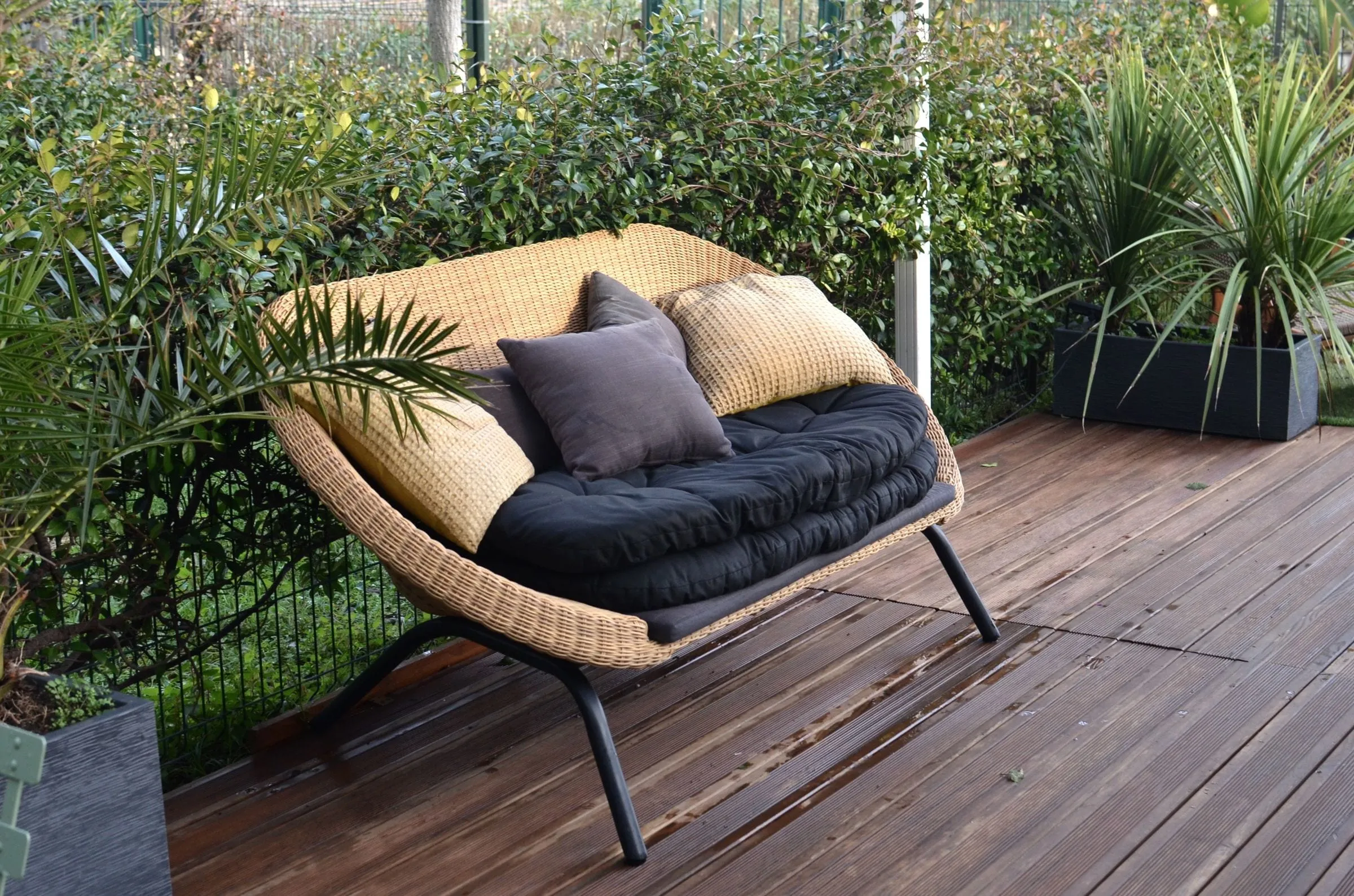 Representative wicker garden sofa with a deep seat cushion and scatter cushions on a wet deck