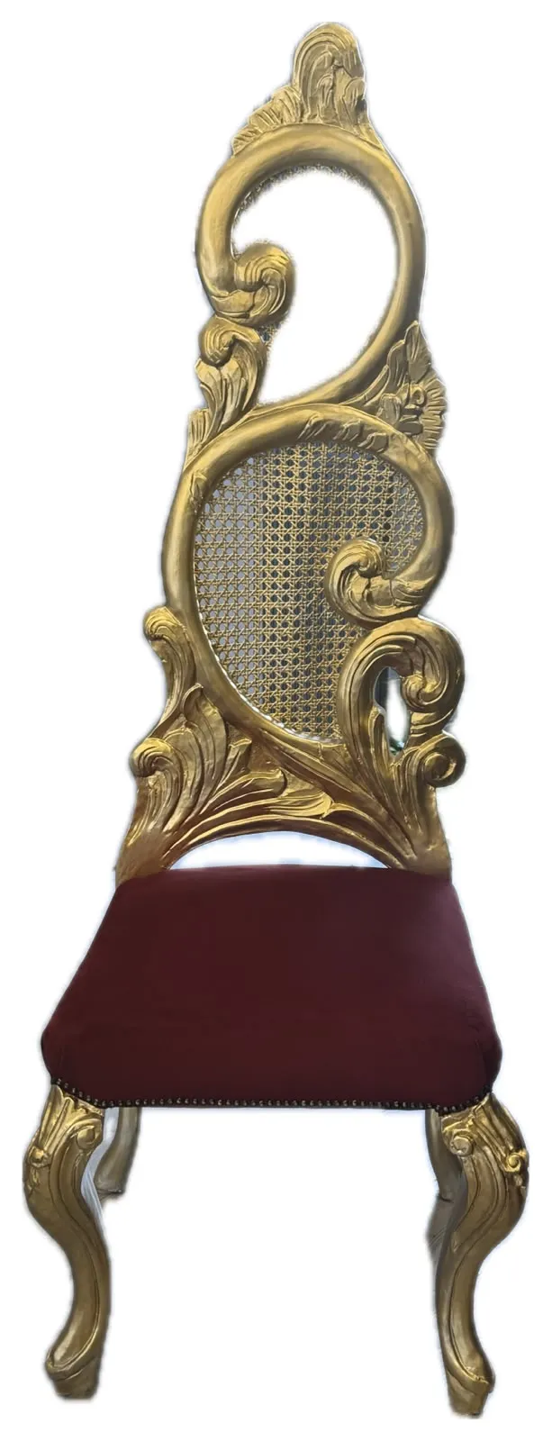 Ornate gilded baroque chair with cane back and new burgundy velvet seat, brass nail trim