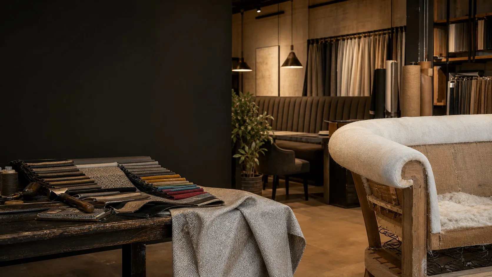 Representative upholstery workshop with fabric samples, contract seating and a sofa frame