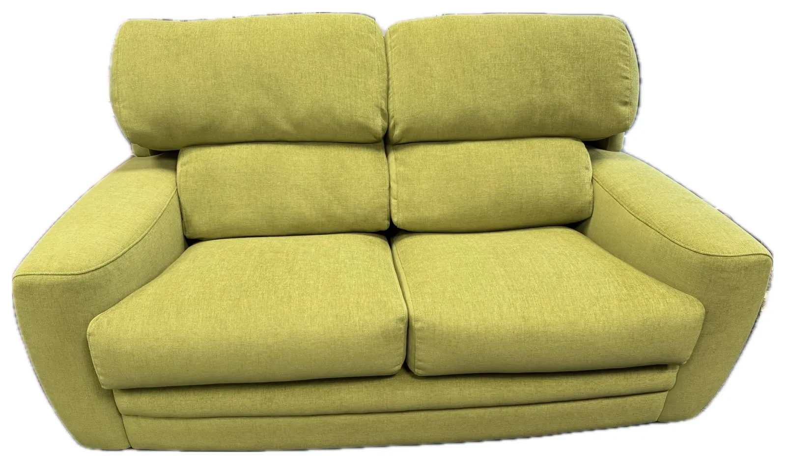 Modern two-seater sofa recovered in lime green fabric with adjustable headrests