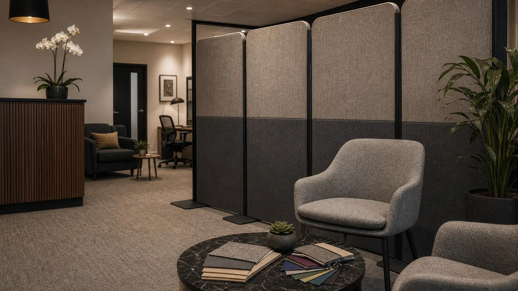 Representative upholstered divider screens and recovered contract seating in a commercial interior