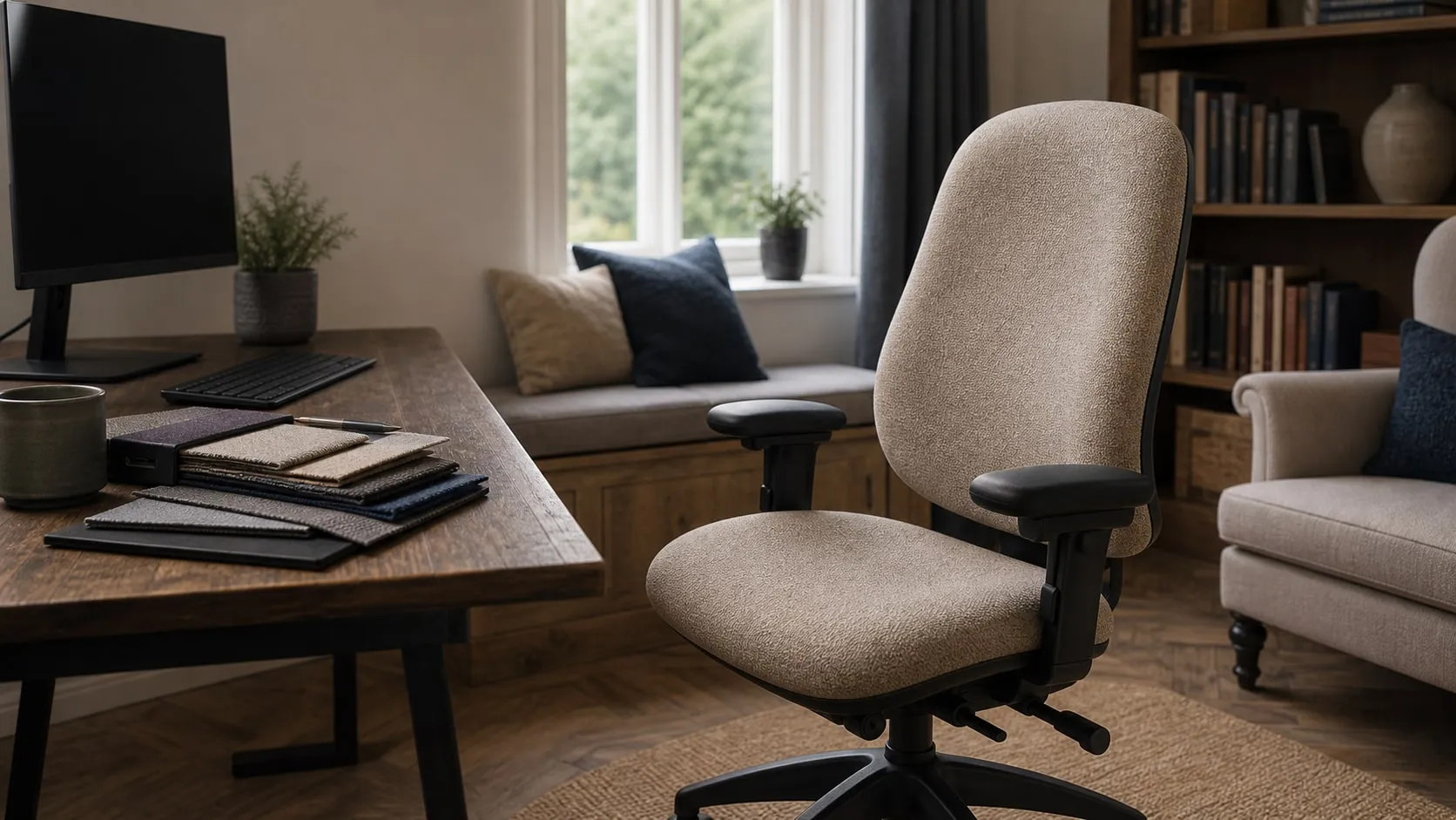 Representative home office with a recovered desk chair and upholstered reading seat