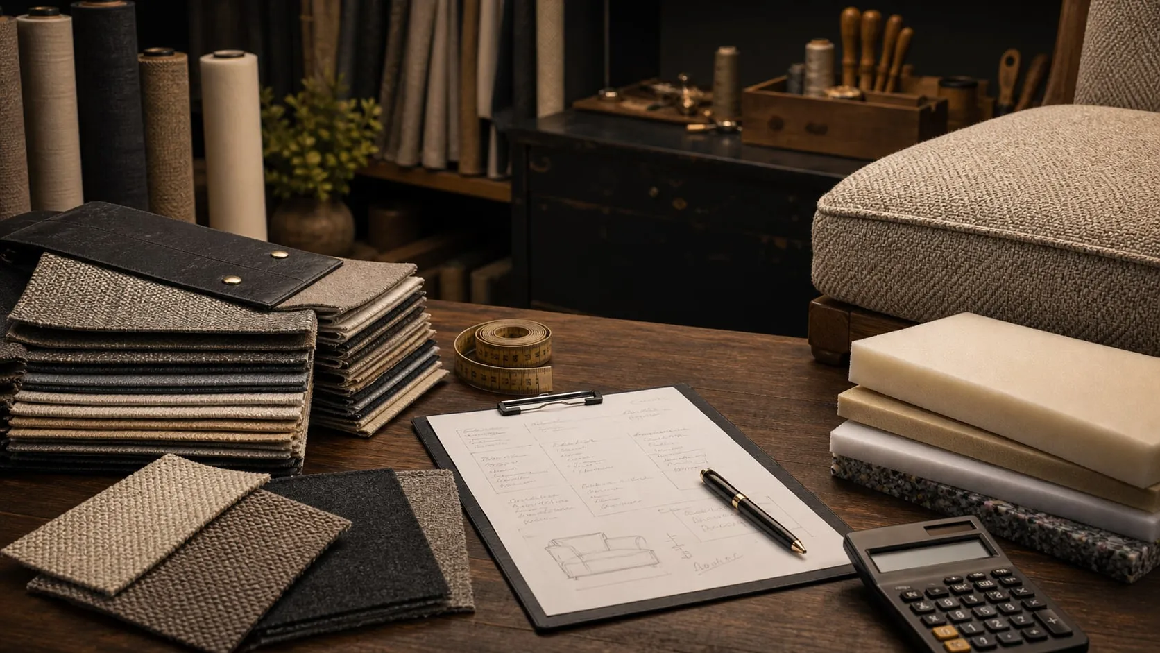 Fabric samples, foam, measurements and quote notes on an upholstery workbench