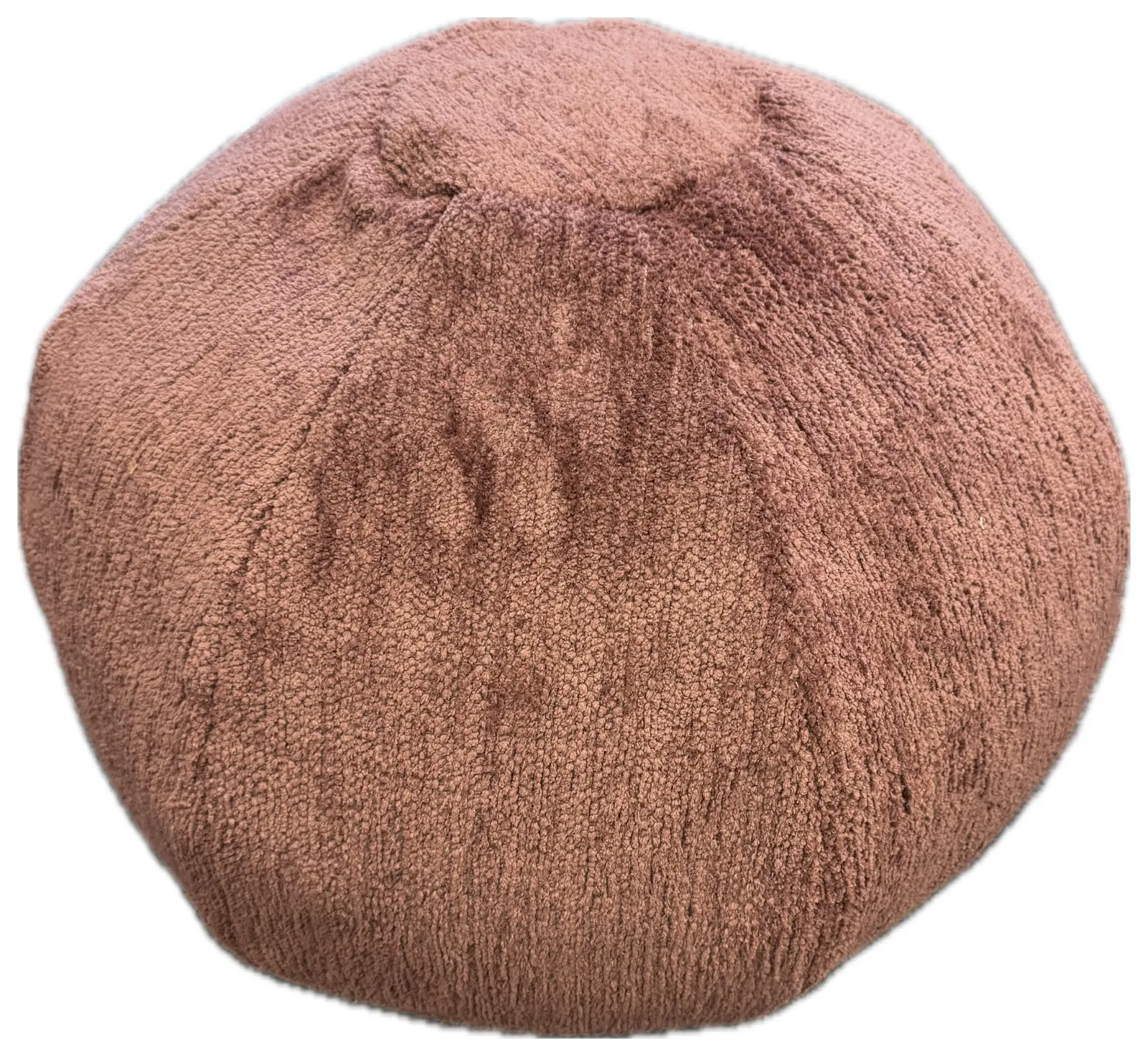 Round deep-buttoned pouffe in rose chenille