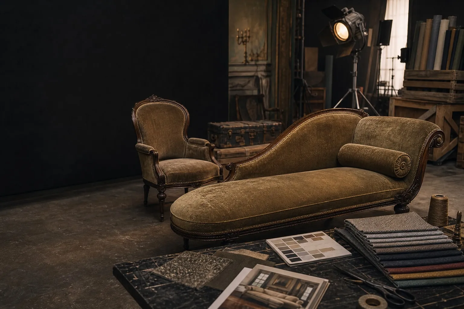 Representative production upholstery set piece being prepared for camera