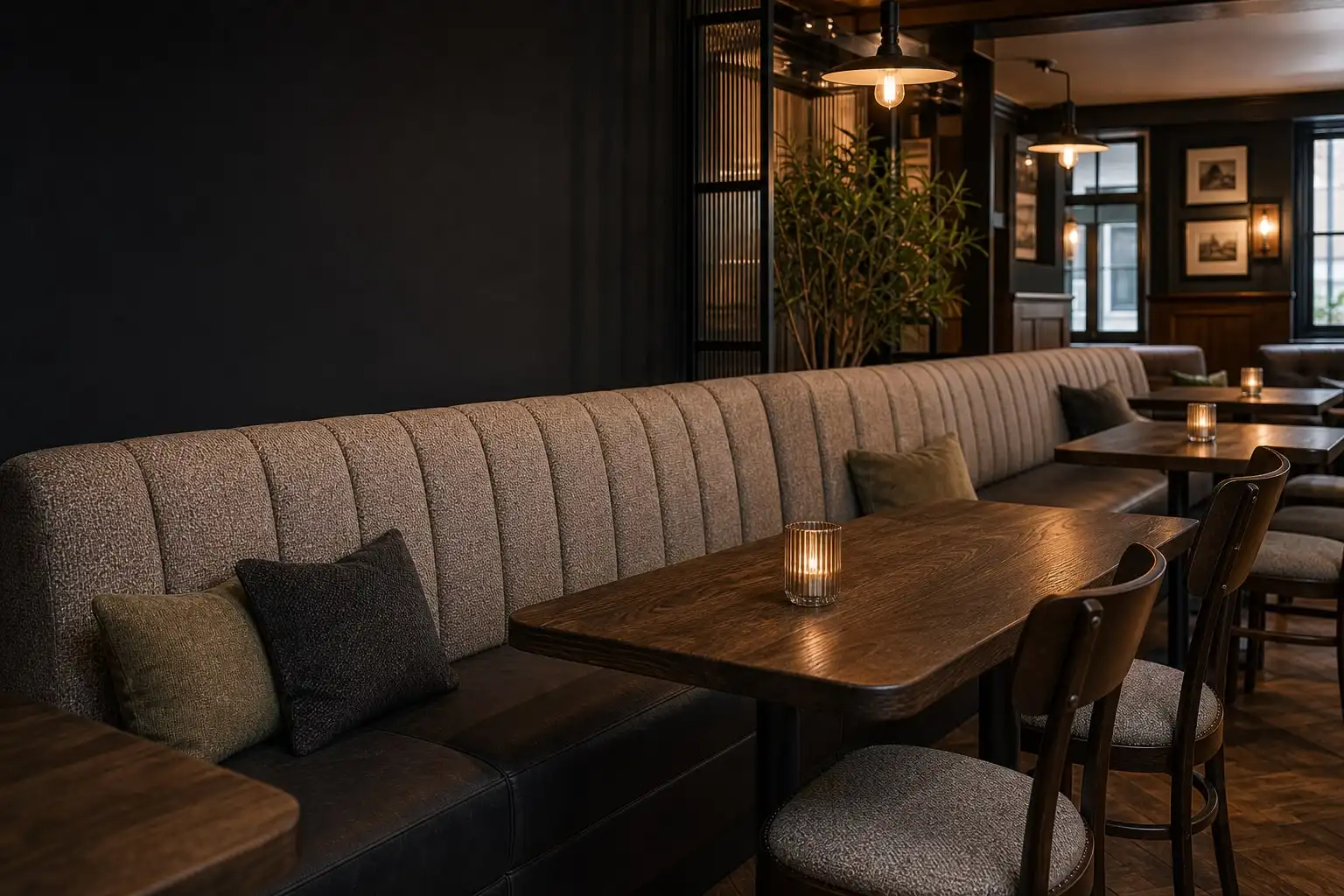 Representative hospitality banquette seating in a commercial venue