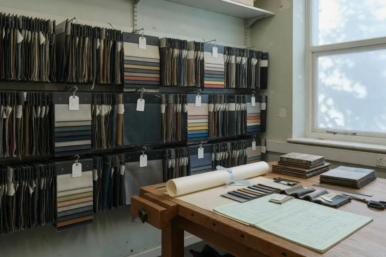 Contract fabric sample packs and drawing materials prepared for an interior designer or FF&E brief