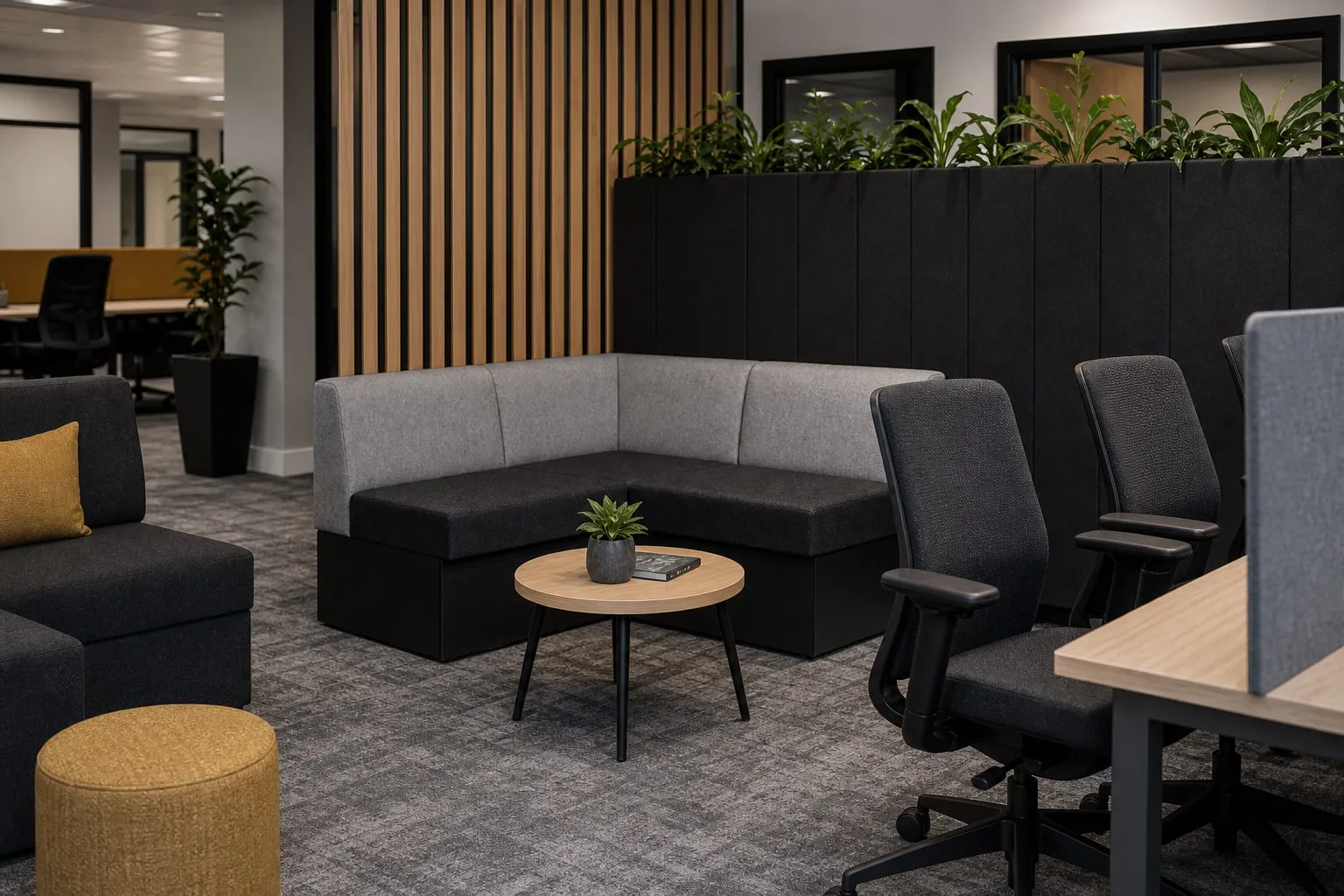 Representative office reception with contract seating and upholstered divider screens