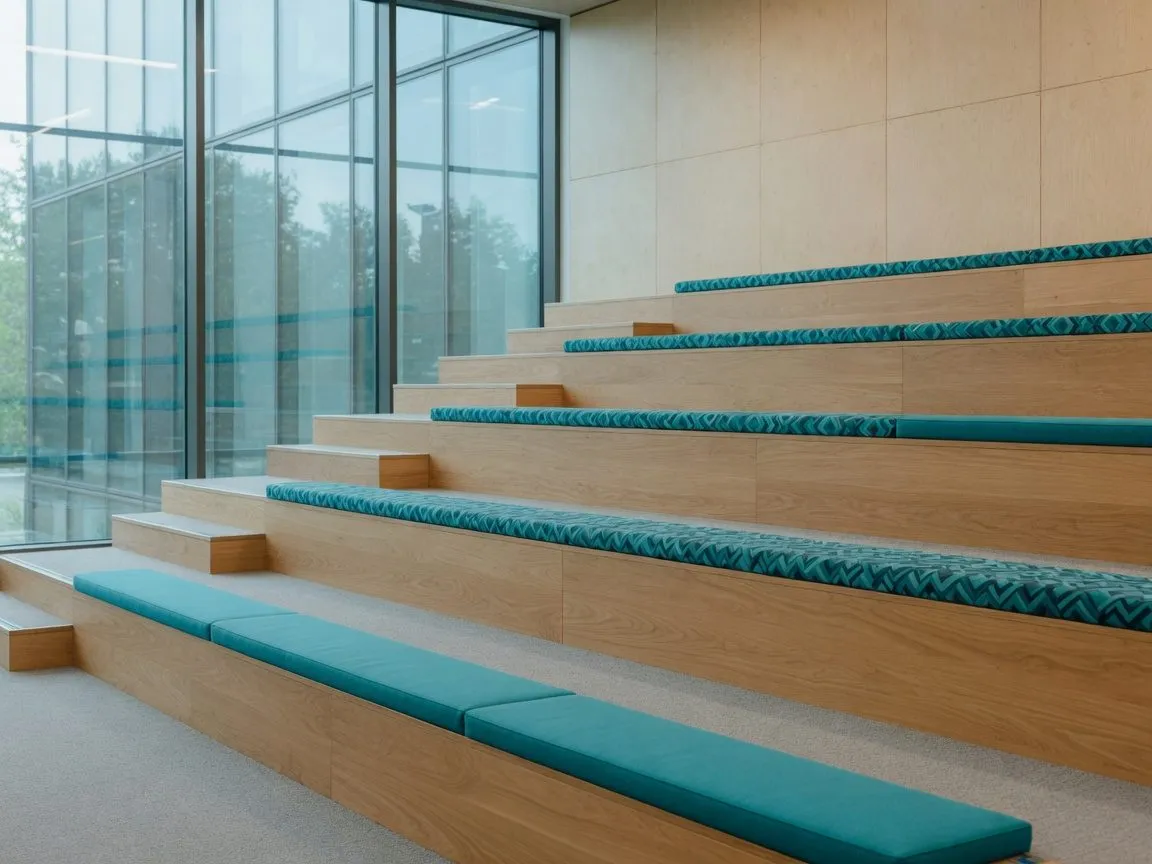 Office amphitheatre with oak tiers and long teal bench seat pads