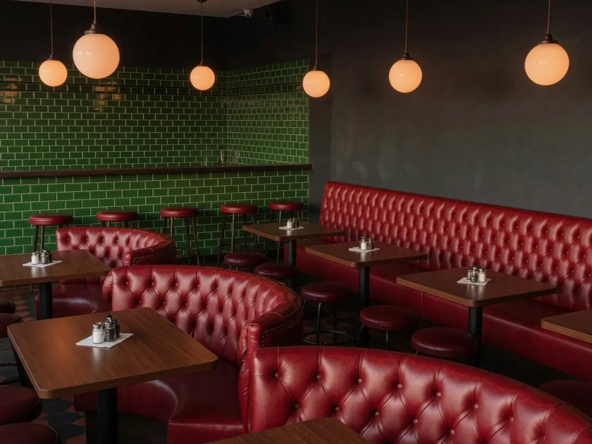 Restaurant with curved oxblood buttoned faux leather booths, walnut tables and red bar stools by a green tiled wall