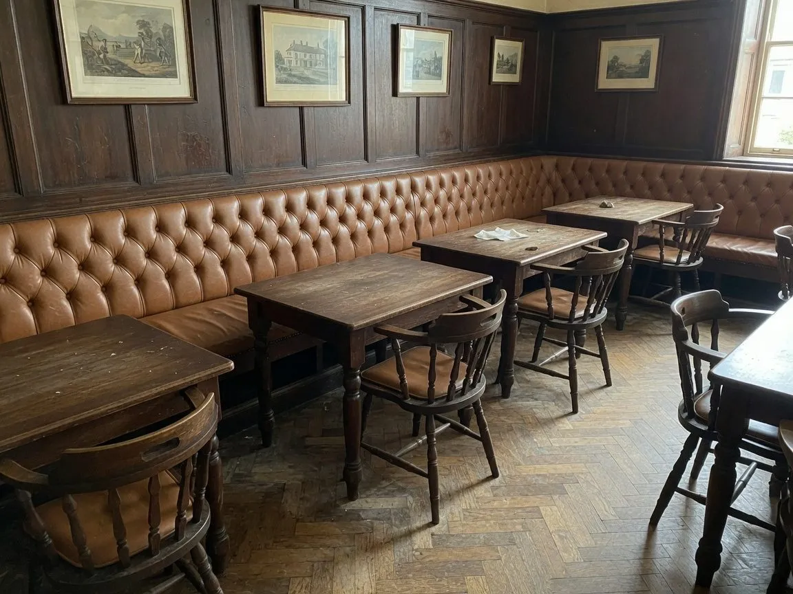 Country pub dining room with a long deep-buttoned tan leather banquette, oak tables and herringbone parquet