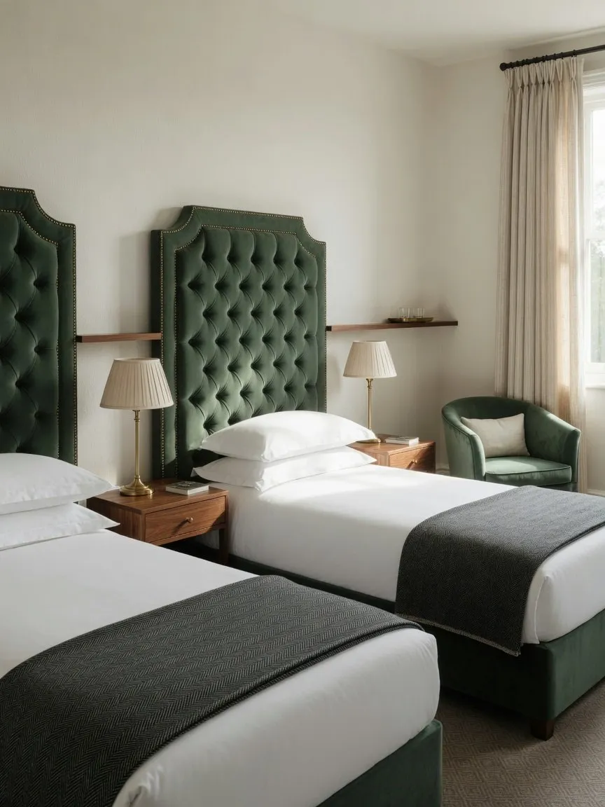 Hotel bedroom with tall deep-buttoned sage green velvet headboards and a velvet tub chair