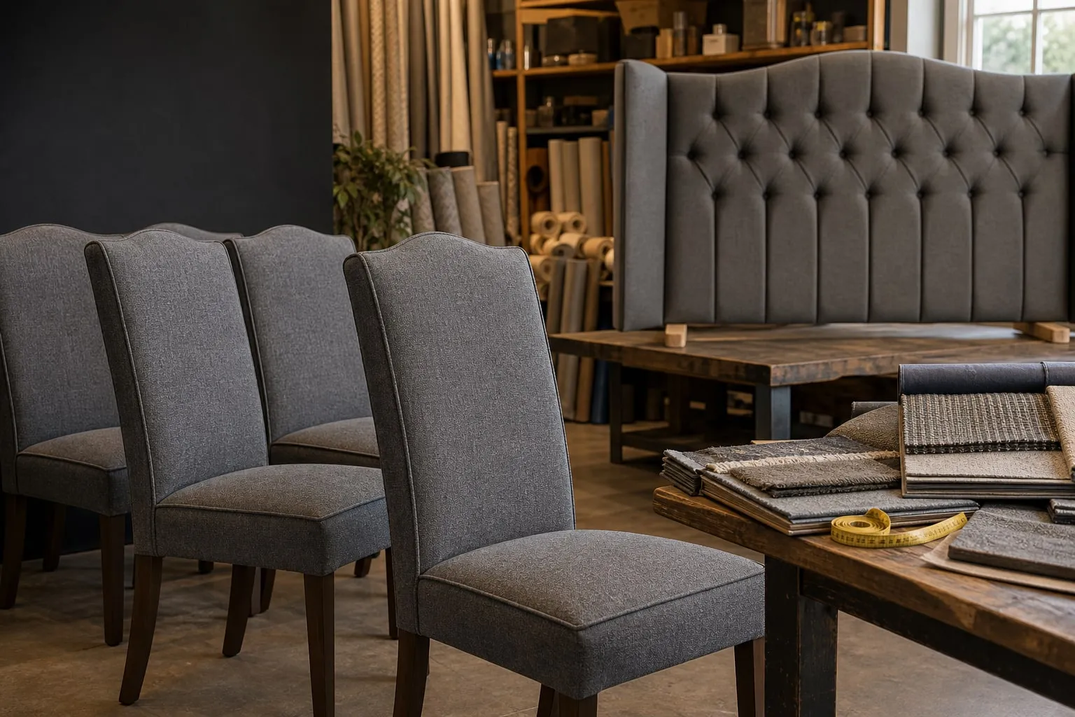 Representative dining chairs and upholstered headboard in a workshop setting