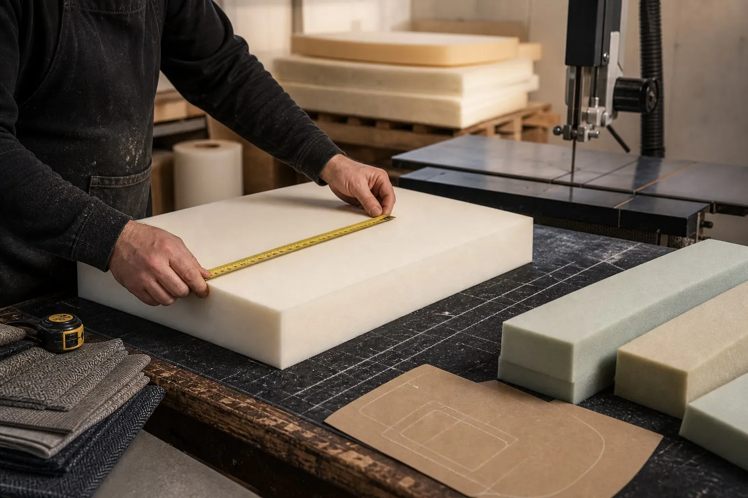 Craftsman measuring a block of cushion foam in the Valley Upholstery workshop.