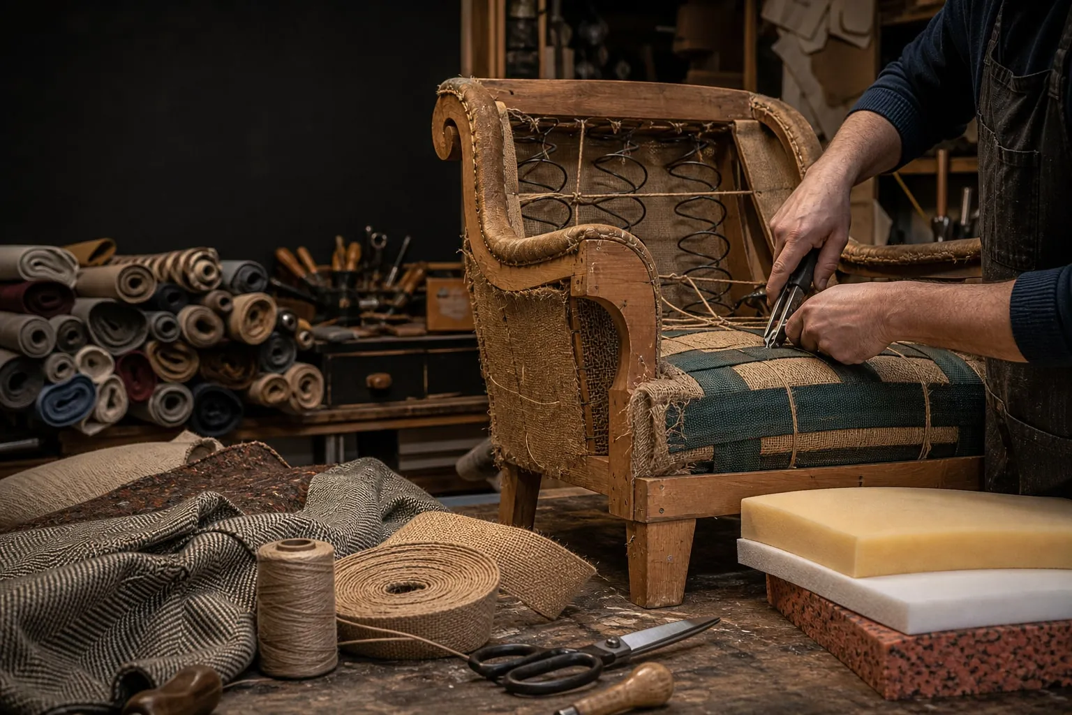 Representative upholstery rebuild with a stripped chair frame, webbing and tools