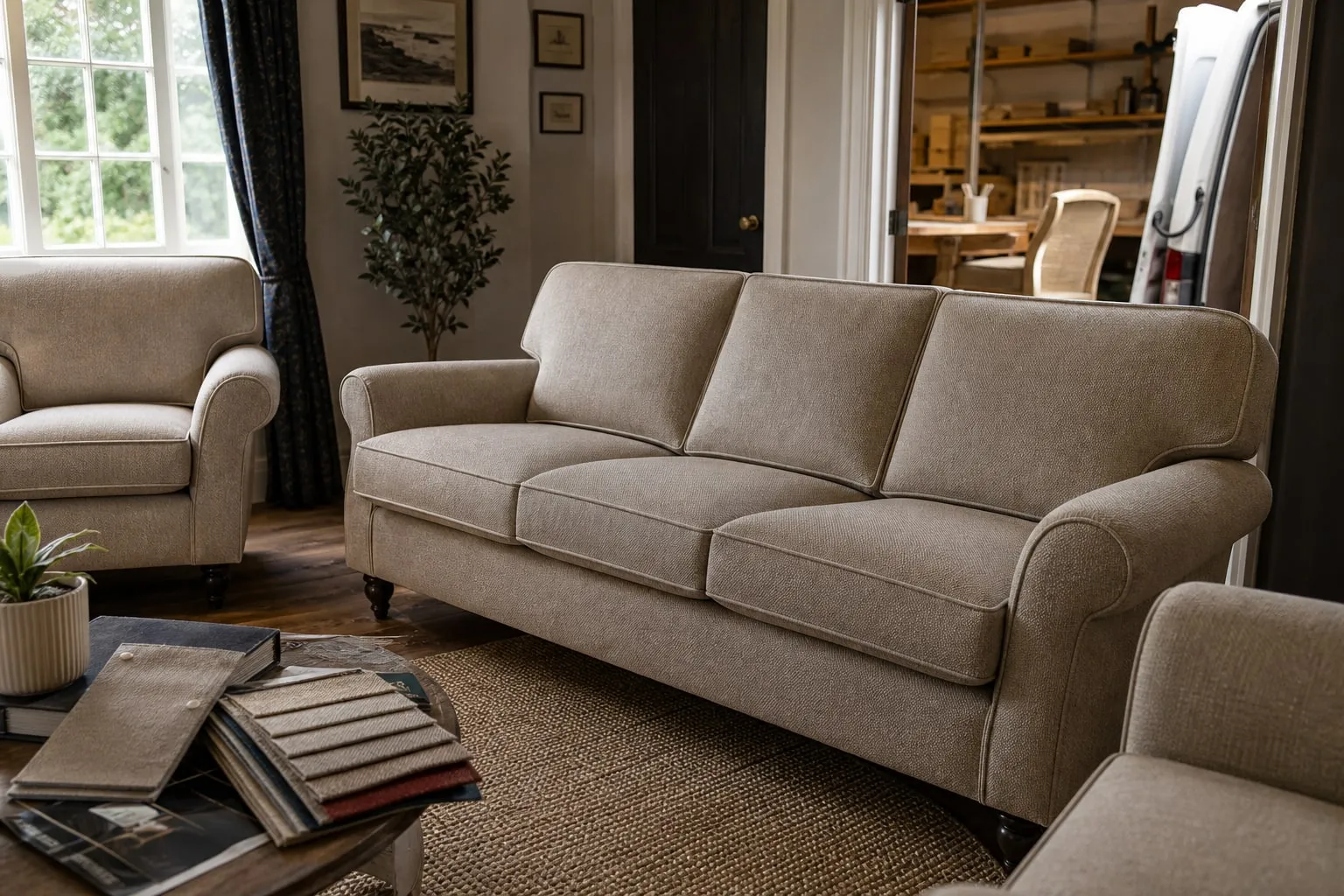 Recovered sofa and chair set with fabric samples in a home interior