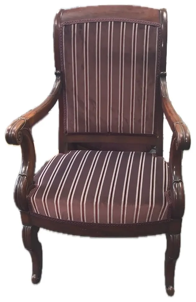 Mahogany armchair with striped seat and back panels in burgundy and cream