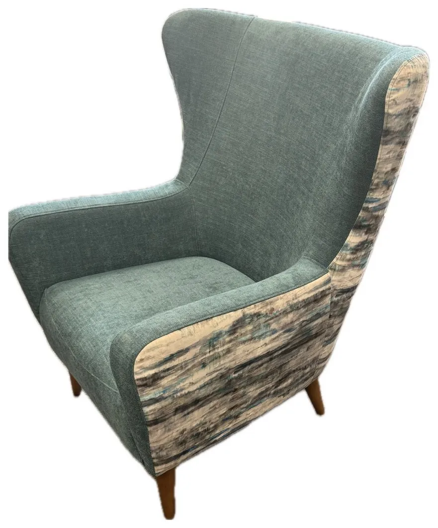 Modern winged chair in teal chenille with abstract print outer back and arms